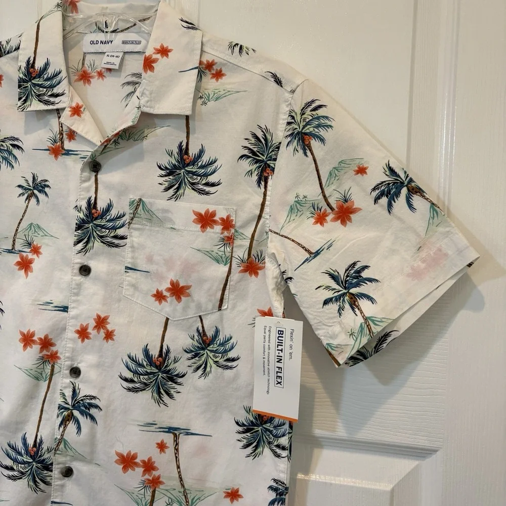 NWOT Boys XLarge 14-16 OLD NAVY Button Down Palm Tree Beach‎ Shirt White Cotton
